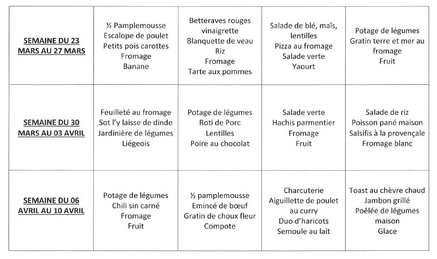 Les menus de la cantine | École du Sacré Coeur de Plourhan